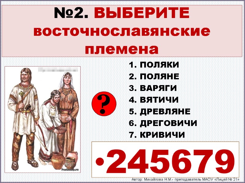 №2. ВЫБЕРИТЕ восточнославянские племена 1. ПОЛЯКИ 2. ПОЛЯНЕ 3. ВАРЯГИ 4. ВЯТИЧИ 5. ДРЕВЛЯНЕ